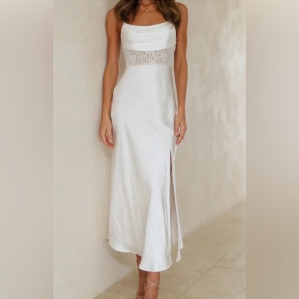 Hello Molly Cream Satin Slit Maxi Gown